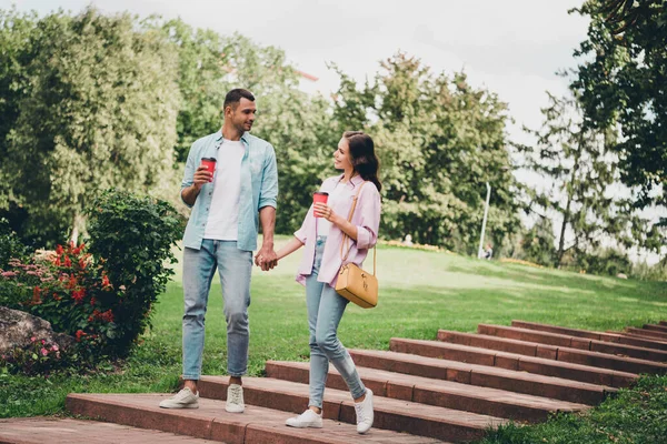 Photo Charming Dreamy Boyfriend Girlfriend Wear Casual Outfits Walking Stairs — Photo