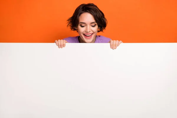 Photo Sweet Excited Lady Wear Violet Sweatshirt Looking White Poster — Stock Photo, Image