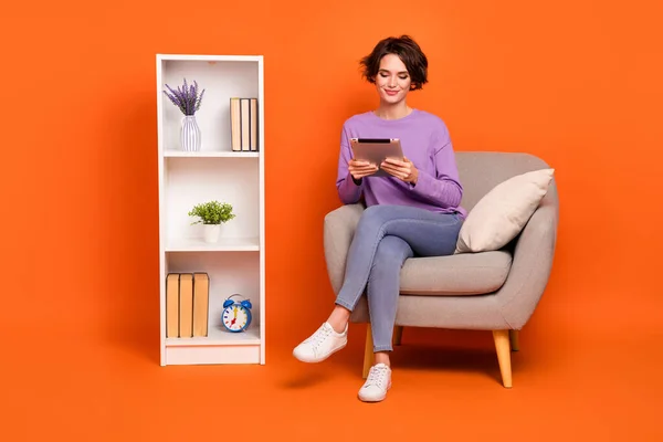 Full Size Portrait Charming Person Sitting Chair Use Tablet Typing — Stockfoto