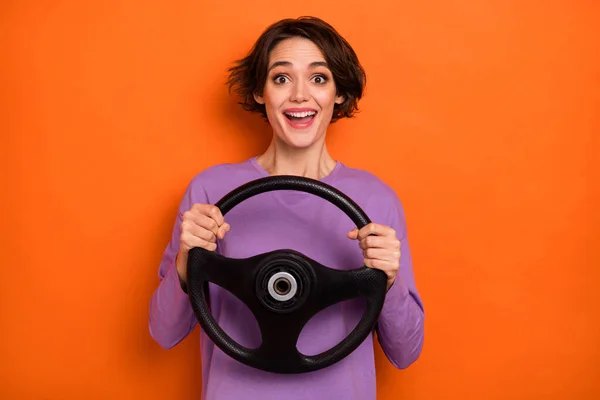 Positive Excited Lady Hold Wheel Drive Fast Have Good Mood — 图库照片