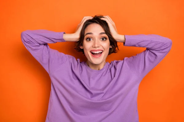 Photo Funny Excited Girl Dressed Purple Pullover Arms Head Smiling — 图库照片