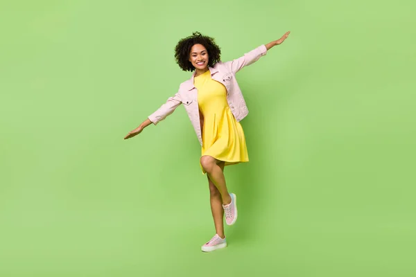 Full Body Photo Cheerful Dancing Female Feel Free Flying Hands — Stockfoto
