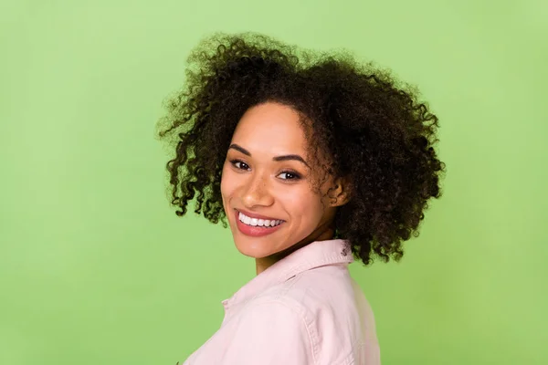 Profile Portrait Adorable Positive Person Toothy Beaming Smile Look Camera — Zdjęcie stockowe