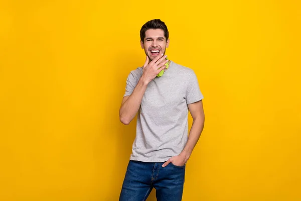 Photo Cool Brunet Young Guy Laugh Wear Headphones Trend Cloth — Zdjęcie stockowe
