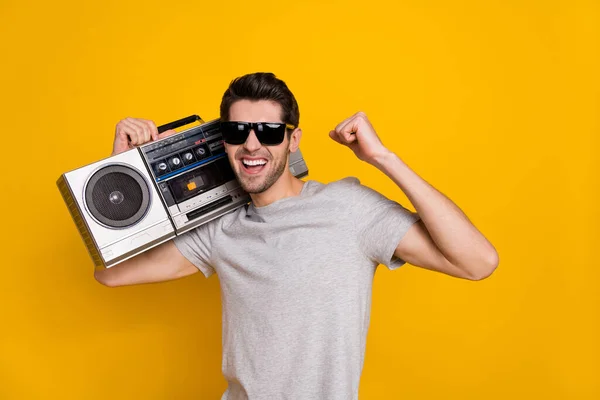 Photo Cute Brunet Young Guy Hold Boombox Wear Shirt Glasses — Foto Stock