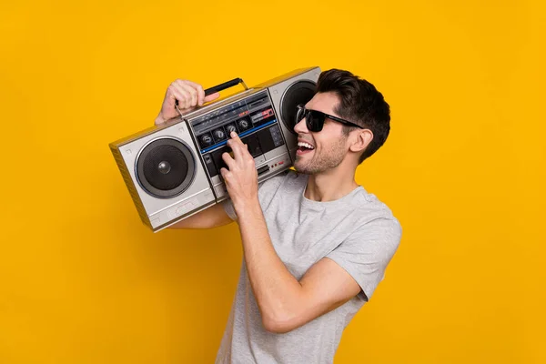 Photo Funky Brunet Millennial Guy Hold Look Boombox Wear Shirt — Foto Stock