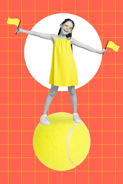 Vertical collage image of excited positive small girl black white effect stand big tennis ball hands hold flag isolated on checkered background.