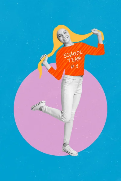 Vertical Collage Illustration Cheerful Positive Girl Black White Gamma Hands — Stock Fotó