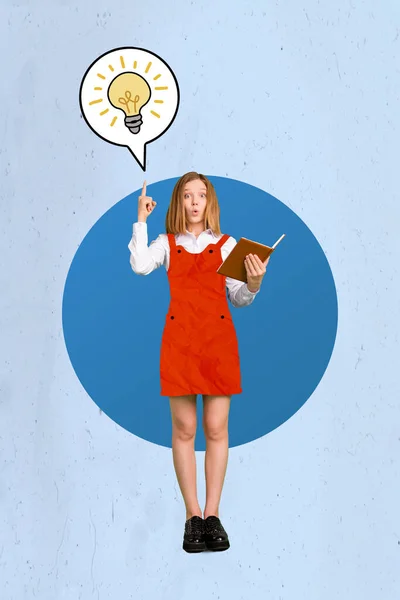 Vertical Collage Picture Excited Intelligent Girl Point Finger Bright Mind — Stok fotoğraf