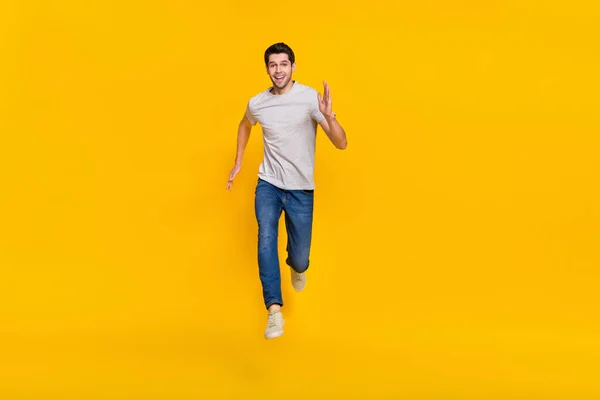 Full Length Body Size View Attractive Cheerful Sportive Guy Jumping — Stockfoto