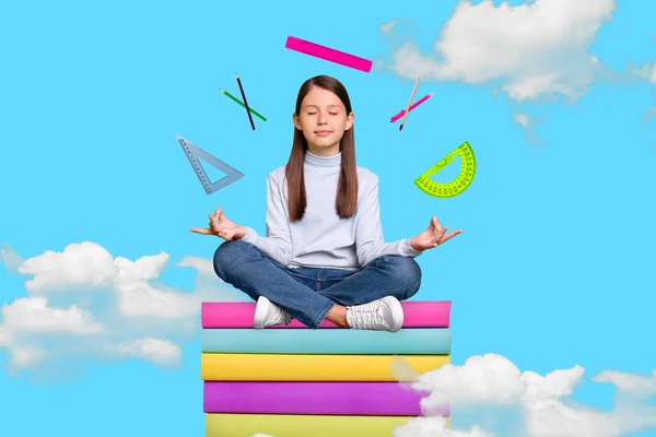 Composite Collage Picture Peaceful Little Girl Sit Pile Stack Book — Foto Stock