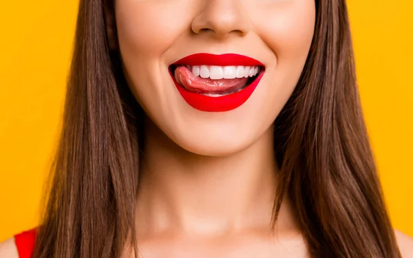 Close Cropped Photo Gorgeous Person Tongue Lick Teeth Beaming Smile —  Fotos de Stock