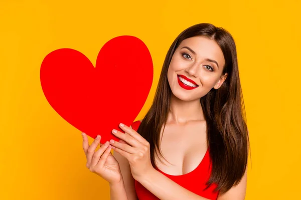 Photo Sweet Adorable Lady Dressed Bodysuit Holding Big Red Heart — Stockfoto
