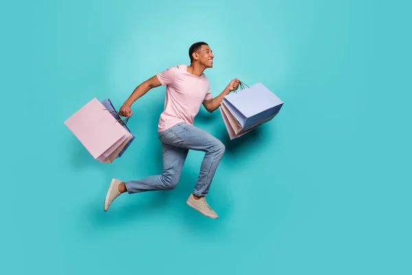 Full Length Photo Funky Excited Man Dressed Pink Shirt Jumping — Zdjęcie stockowe