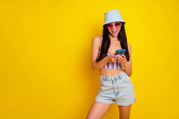 Photo Funny Sweet Lady Wear Striped Crop Top Cap Dark — Foto Stock