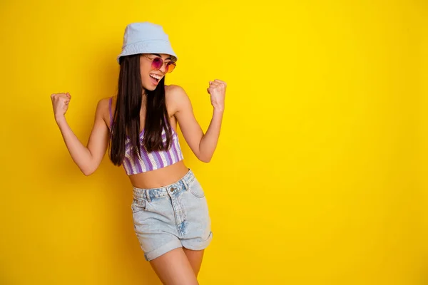 Photo Adorable Lucky Lady Wear Striped Crop Top Cap Dark — Foto Stock