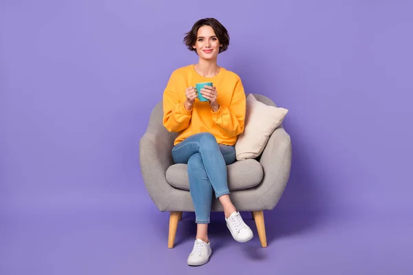 Full Size Photo Gorgeous Positive Person Sit Chair Hold Coffee — ストック写真