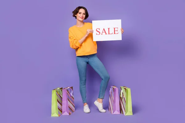 Full Length Body Size View Attractive Cheerful Girl Holding Sale — Stockfoto