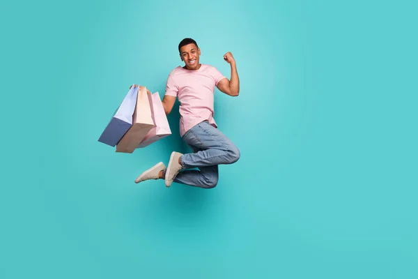 Full Length Photo Excited Lucky Man Dressed Pink Shirt Jumping — Zdjęcie stockowe