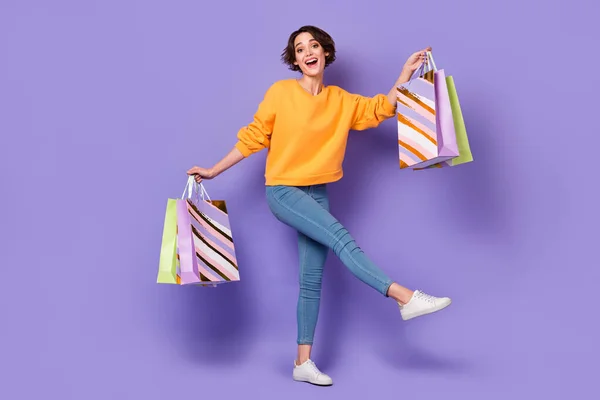 Full Length Body Size View Attractive Cheerful Girl Dancing Bags — Stockfoto
