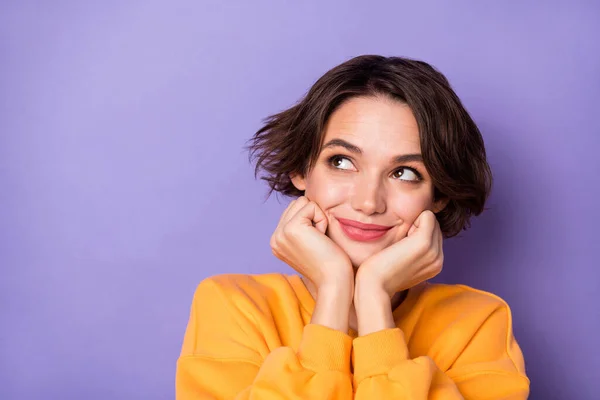 Portrait Cute Lovely Lady Arms Touch Cheek Look Interested Empty — Foto Stock