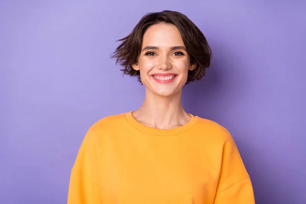 Portrait Charming Cheerful Lady Toothy Beaming Smile Wear Sweater Isolated — Stockfoto