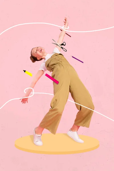 Vertical Collage Illustration Funny Girl Dodging Flying Pencil Market Scissors — Foto Stock