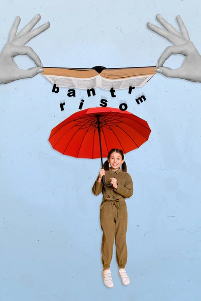 Vertical collage picture of big arms hold book letters brainstorm rain happy smiling girl umbrella protect isolated on creative background.