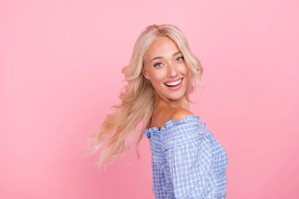 Photo Sweet Adorable Girl Dressed Blue Top Smiling Dancing Hair — Zdjęcie stockowe