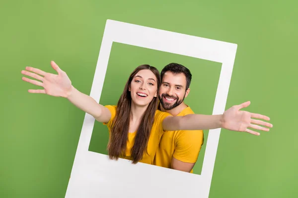 Portrait Two Excited Positive People Raise Arms Paper Window Isolated — Stockfoto