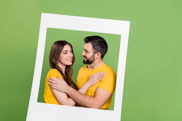 Portrait Attractive Lady Handsome Guy Cuddle Look Each Other Camera — Stockfoto