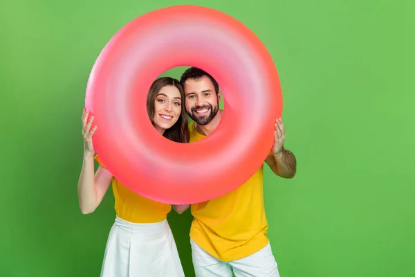 Portrait Two Cheerful Positive People Hands Hold Look Inflatable Ring — Stockfoto