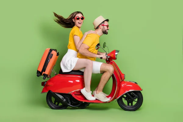 Full Length Profile Portrait Two Excited Partners Drive Moped Adventure — Stok fotoğraf