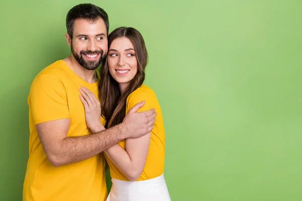 Portrait Two Positive Lovely Partners Hugging Look Empty Space Isolated — Stockfoto