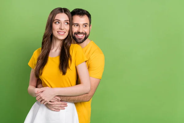 Portrait Two Positive People Embrace Look Interested Empty Space Isolated — Stok fotoğraf