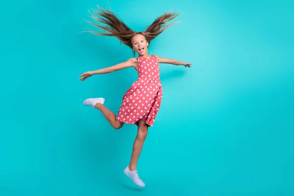 Full Length Photo Excited Pretty Small Girl Wear Pink Dress — Stockfoto
