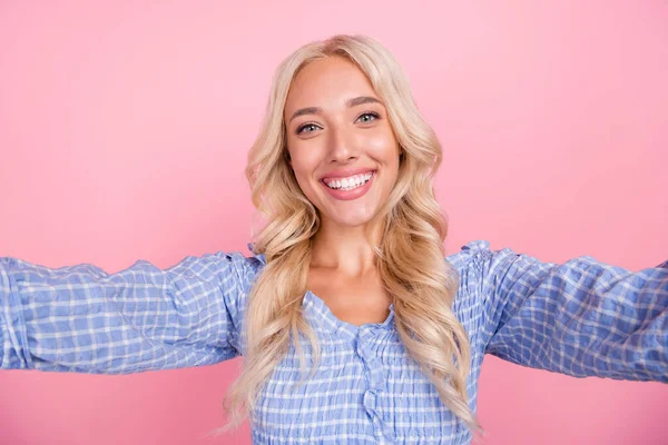 Photo Adorable Cheerful Girl Dressed Blue Top Smiling Recording Self — Foto de Stock