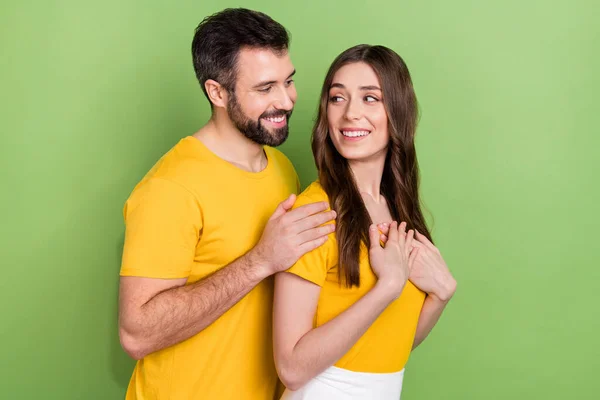 Profile Portrait Cheerful Two Partners Hug Hands Touch Shoulders Look — Stockfoto
