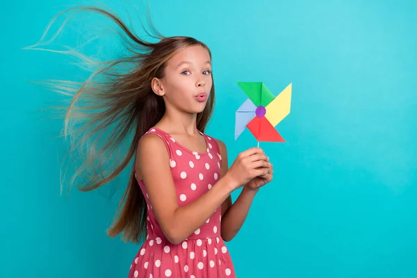 Photo Adorable Funny Little Lady Dressed Dotted Sarafan Blowing Windmill — ストック写真