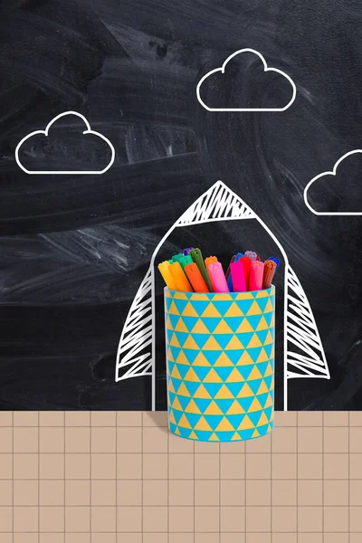 Vertical Collage Illustration Colorful Pens Cup Drawing Rocket Clouds Blackboard — Stockfoto
