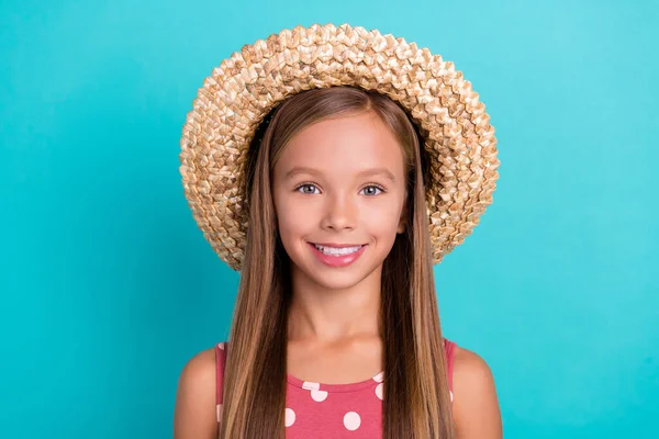 Photo Charming Adorable Little Lady Dressed Dotted Sarafan Straw Headwear — Fotografia de Stock