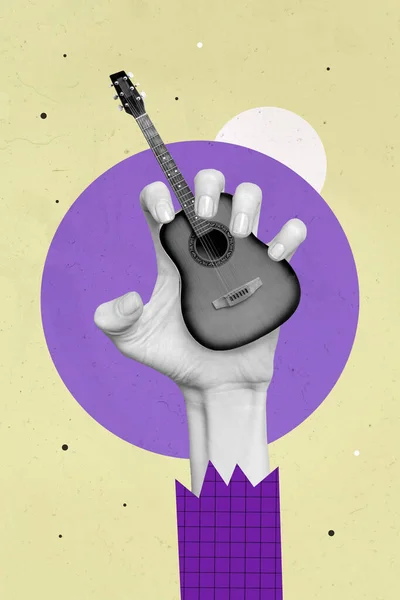 Creative Retro Magazine Image Fingers Holding Small Little Guitar Isolated — Foto de Stock