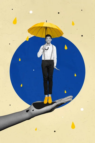 Vertical Poster Collage Photo Young Man Jump Raining Wear Formalcloth — Fotografia de Stock
