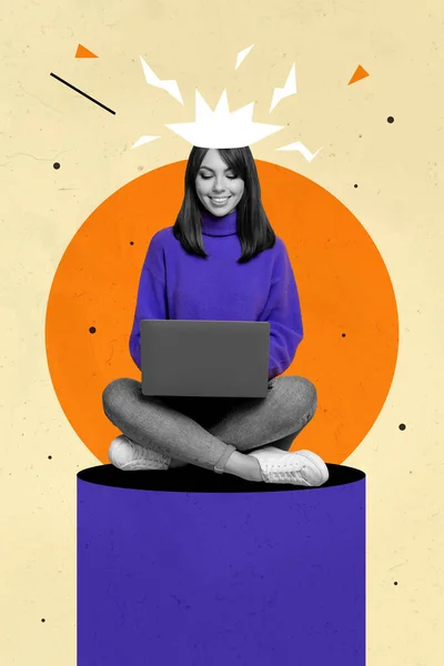 Vertical Banner Collage Photo Millennial Woman Type Laptop Wear Casual — Stok fotoğraf