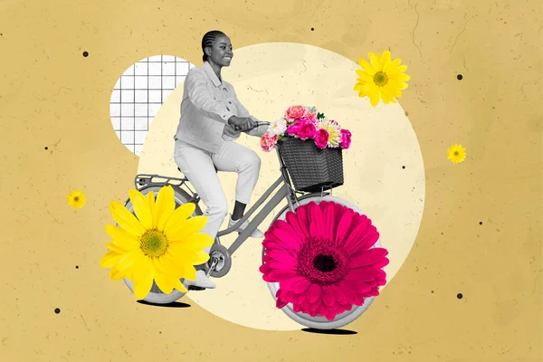 Creative 3d photo artwork graphics painting of happy smiling lady driving bloom bike isolated drawing background.