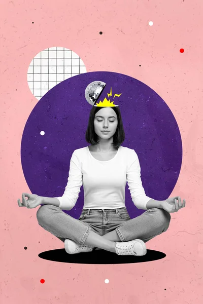 Vertical Poster Collage Photo Millennial Lady Meditate Open Head Wear — Foto Stock