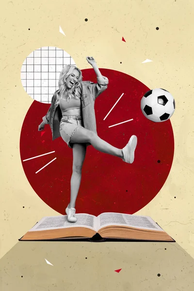 Vertical Banner Collage Photo Millennial Lady Play Football Wear Casual —  Fotos de Stock