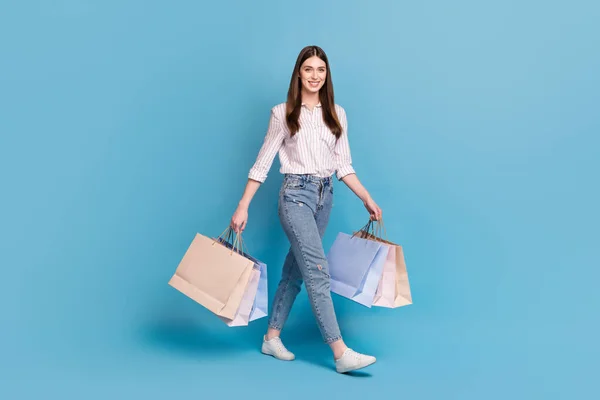 Full Length Body Size View Attractive Cheerful Girl Carrying Bags — Stock Photo, Image