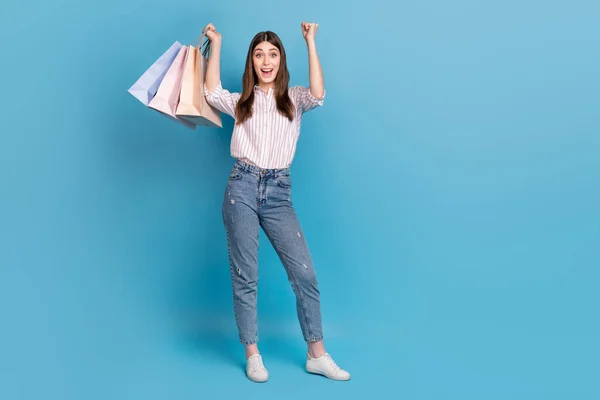 Full Length Body Size View Attractive Cheerful Girl Holding Bags — Stockfoto