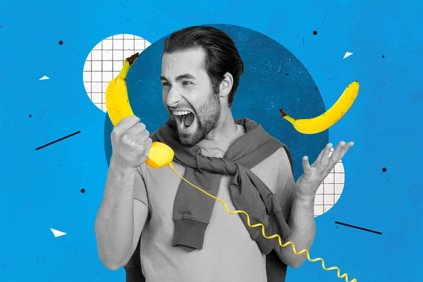 Collage Image Pinup Pop Retro Sketch Furious Guy Screaming Banana — Stock Photo, Image
